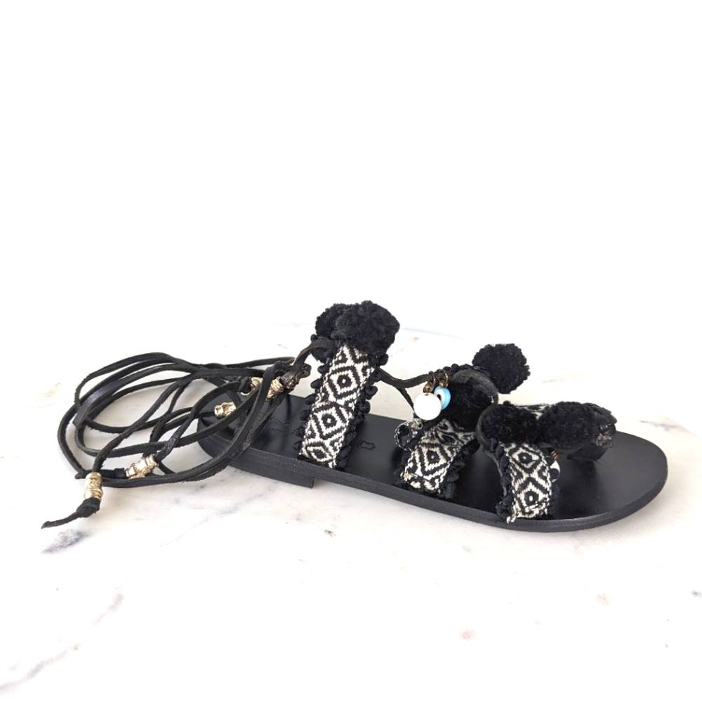 Elina Linardaki Handmade Greek Black Boho Ankle Wrap Sandals